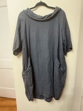 L Made in Italy Linen Tunic Dress Charcoal Back Buttons Coastal Grandma Relaxed